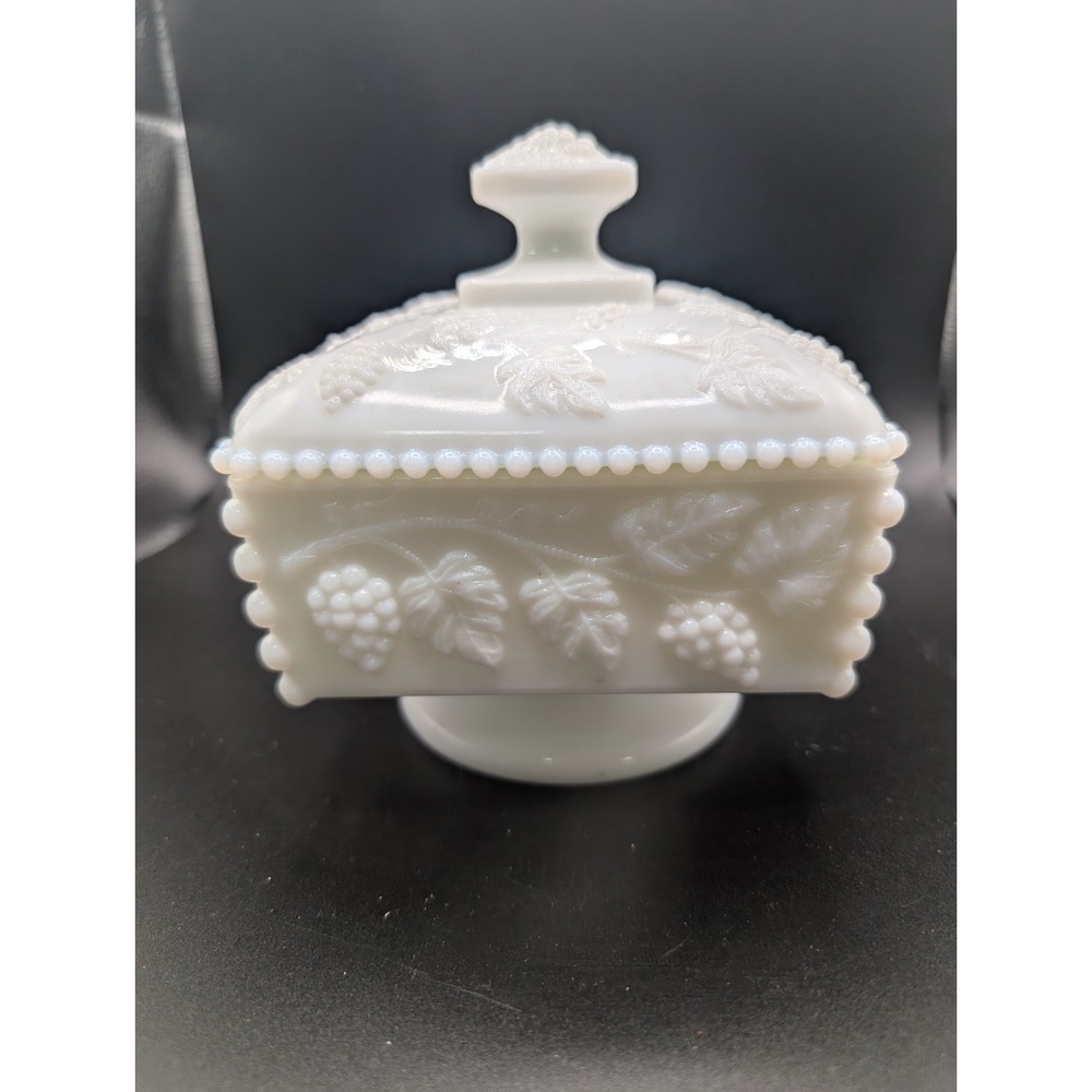 Vintage Westmoreland Milk Glass Paneled Grape Footed Candy Dish with Lid